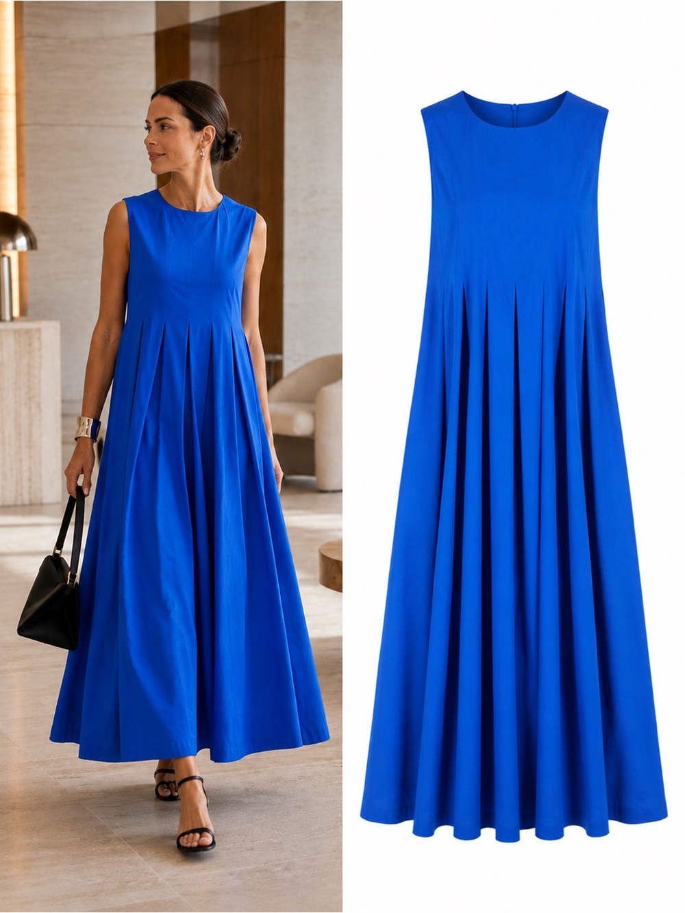 Weekend Max Mara Agiato Pleated Maxi Dress Blue Cotton NWT Size Large MSRP $550